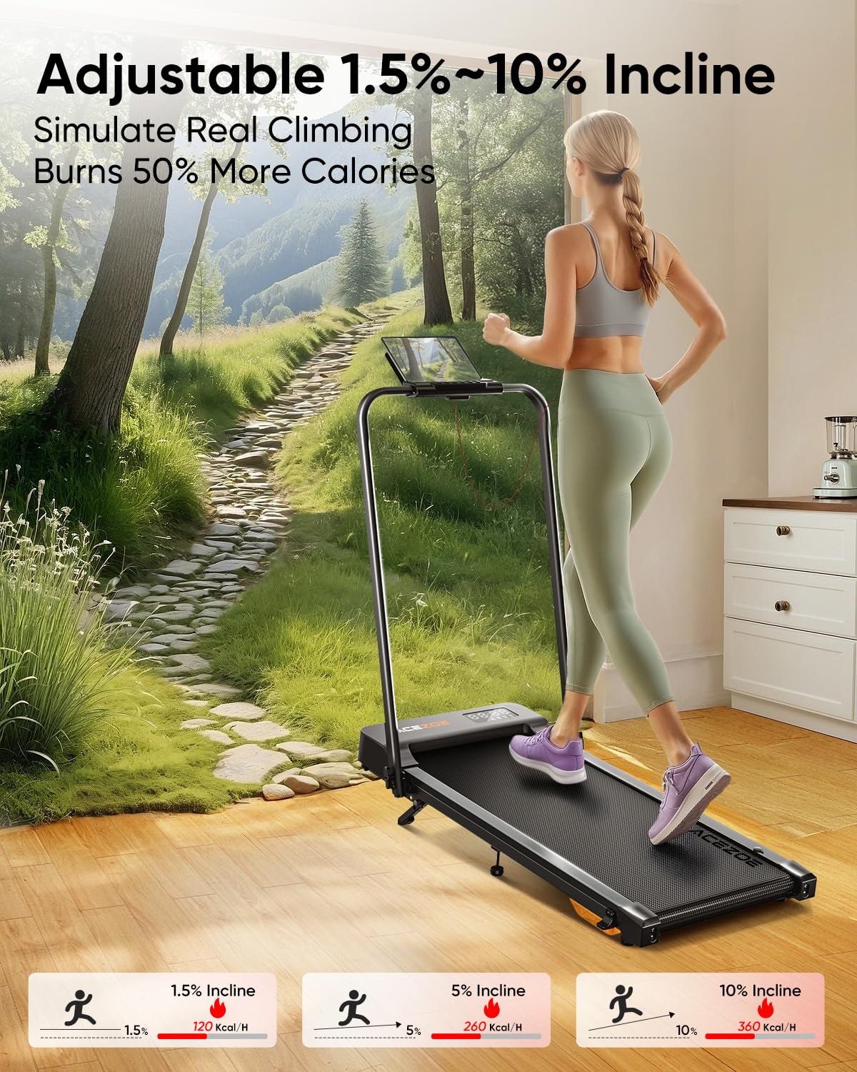 Acezoe Walking pad Treadmill with Incline & Handle Bar, Folding Treadmill for Home Small Spaces, Compact Portable Under Desk Treadmill,Dual LED Display, 2.5Hp Quiet Running pad, APP, 300 lbs Capacity