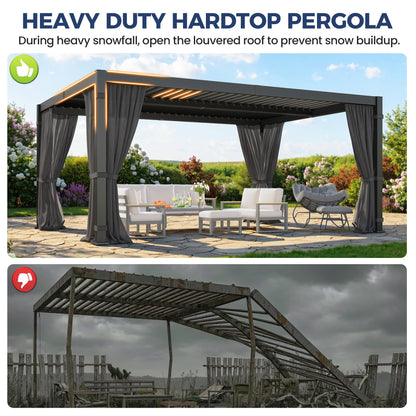 12' x 16' Louvered Pergola, Outdoor Pergola with Metal Adjustable Louvered Roof & Gutter System, Hardtop Patio Gazebo for Backyard, Patio, Garden, Dark Gray