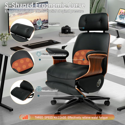 Genuine Leather Office Chair with Electric Reclining, Footrest, Lifting and Massage Function, 350lbs Capacity Ergonomic Executive Chair with Alu Base and 360° Wheels for Home Living Room