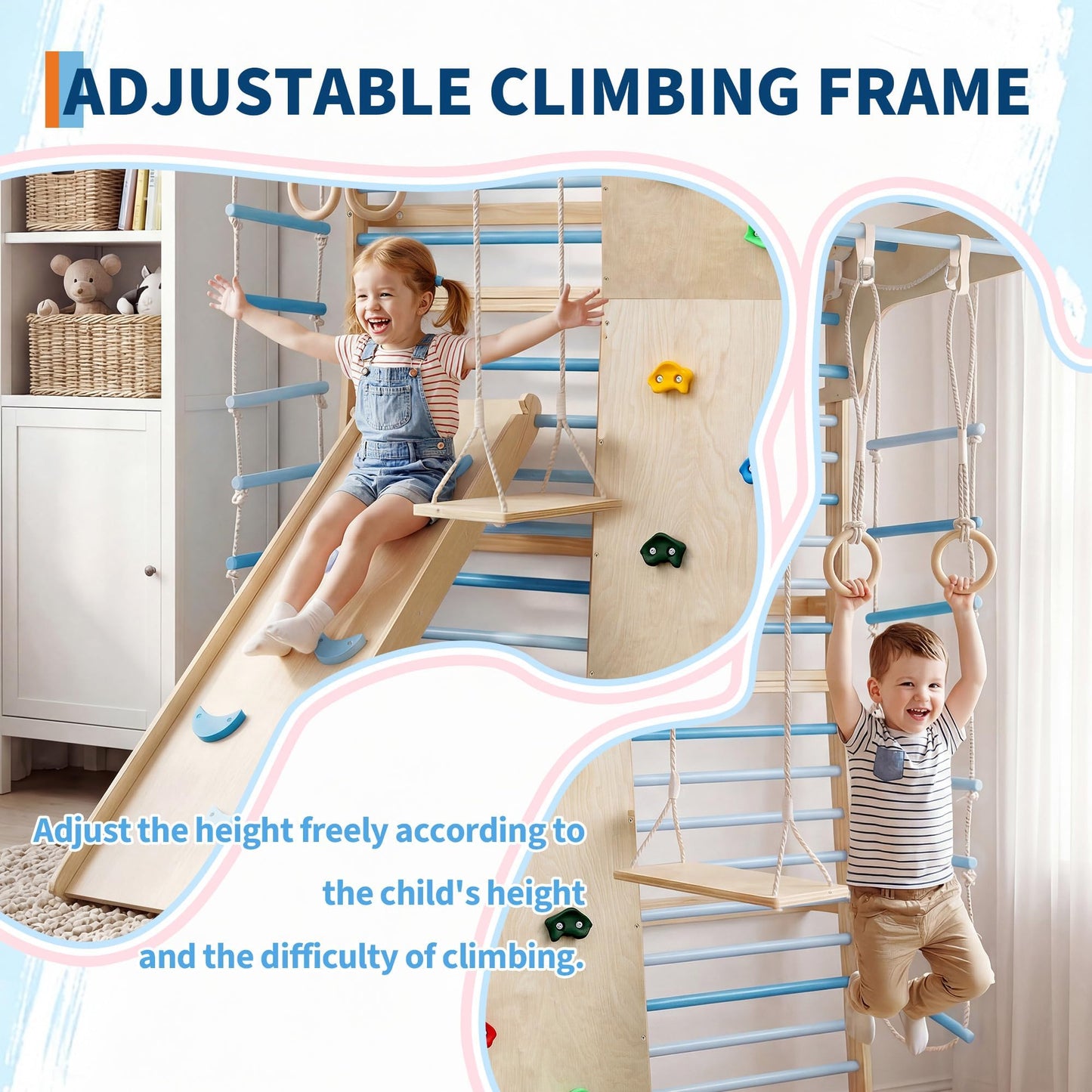 ActiveTrail Multi-Functional Swedish Ladder Wall Gym, 94.5'' Wooden Wall-Mounted Climbing Set with Slide, Swing, Rope, Rings, Monkey Bars, Indoor Playset for Kids and Adults