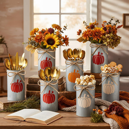 Domensi 6 Pcs Thanksgiving Table Centerpieces Fall Pumpkin Vases Decor Farmhouse Galvanized Metal Vases for Flowers Mason Jar Utensil Holder for Thanksgiving Fall Autumn Rustic Home Office Decorations