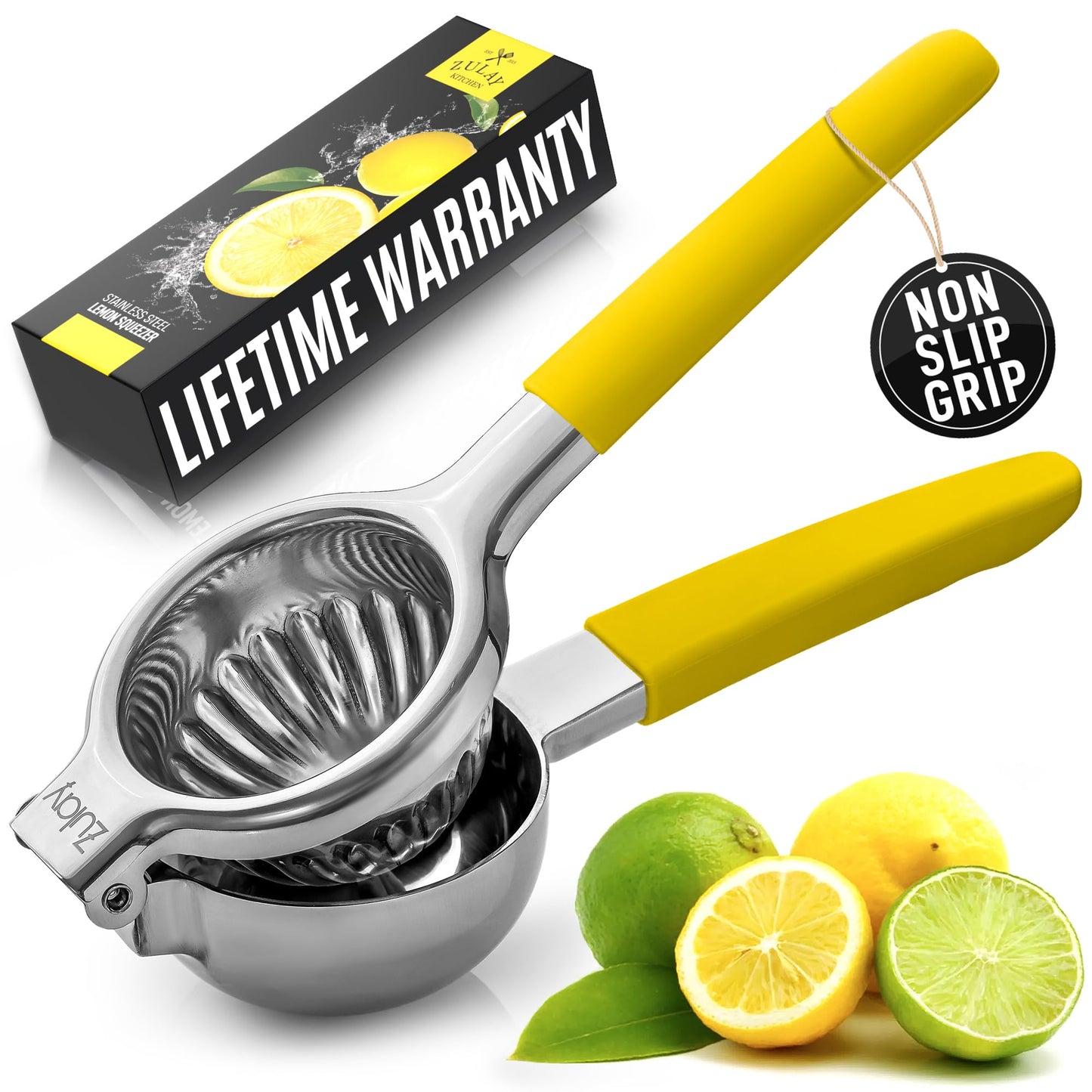 Zulay Lemon Squeezer Stainless Steel with Premium Heavy Duty Solid Metal Squeezer Bowl (Black Grip, Large)