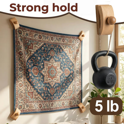 Walnut Adjustable Large Quilt Hanger for wall for Display,Wooden Heavy Duty wall Hanger Clips for Tapestry,Rug,Carpet and Duvet Covers,Poster Frame Nails and Hanging kit (Boho Curved Clip)