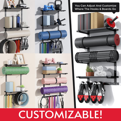 Home Gym Storage Shelf Only, Adjustable Gym Equipment Organizer Wall Mounted with 2 Boards, Yoga Mat Holder, Storage Rack Compatible with Peloton Shoes & Mat, Shelf for Home Training Accessories