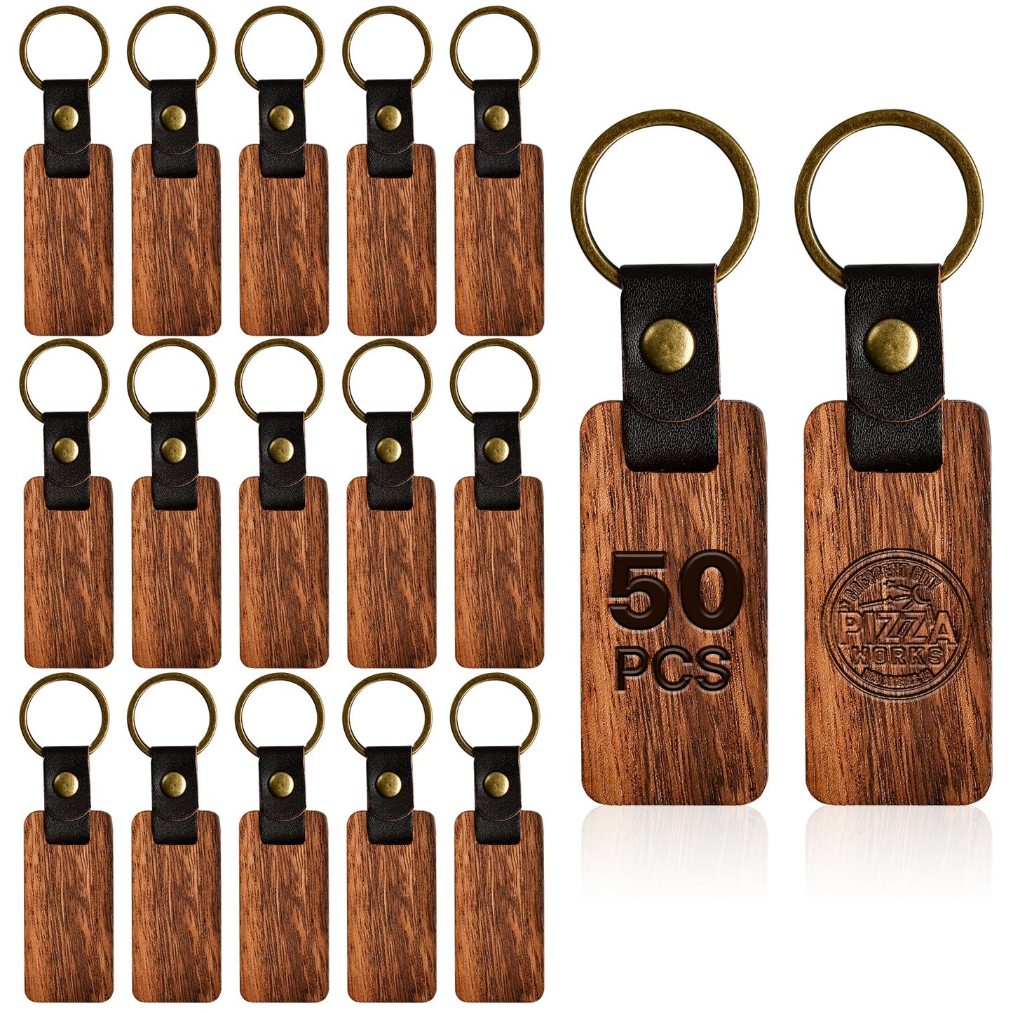 Aemygo 50 Pcs Leather Wood Keychain Blank, Wooden Keychain Blanks with Leather Strap, Unfinished Wooden Keychains bulk for DIY Craft, Laser Engraving
