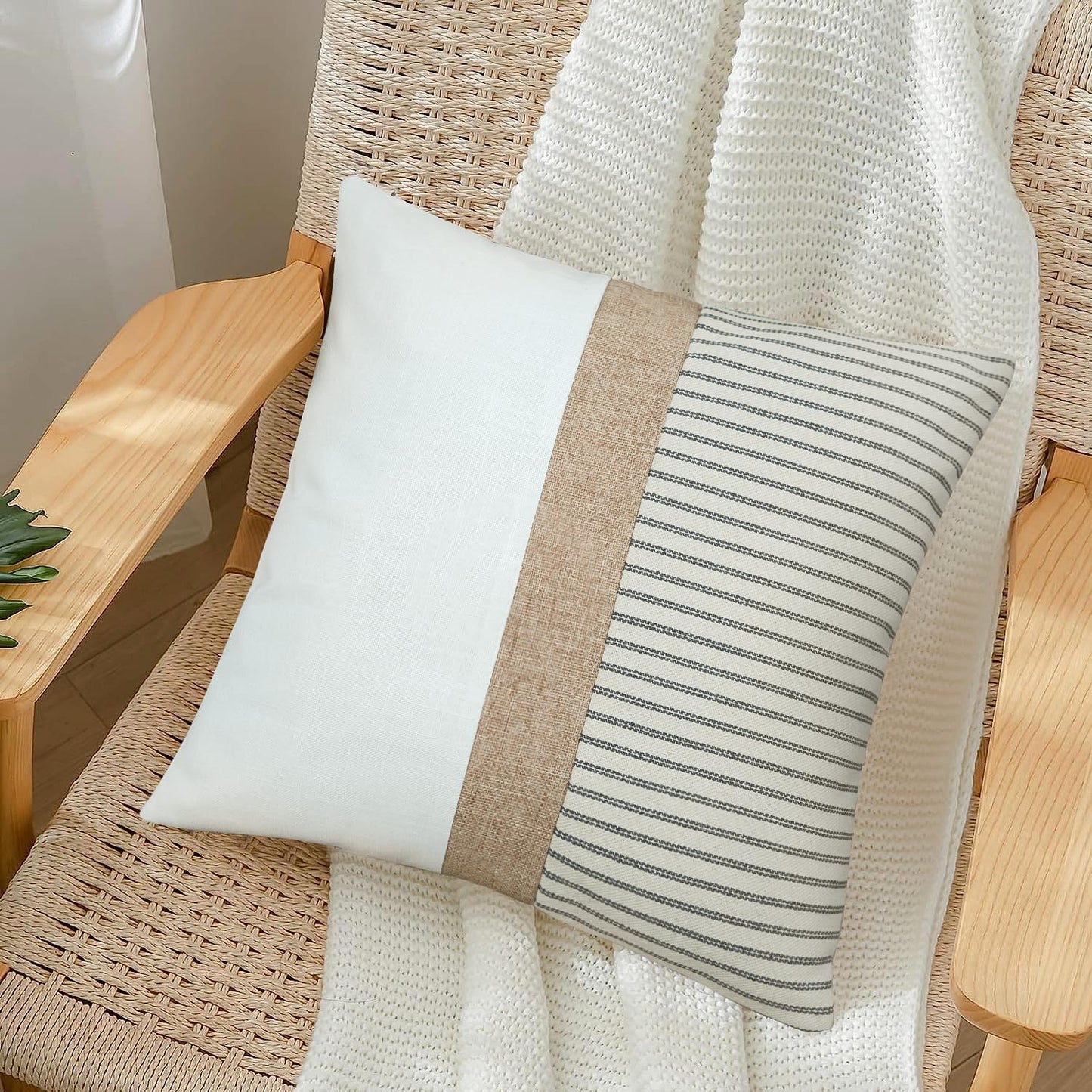 18x18, Set 2, JASEN Farmhouse Pillow Covers Modern Accent Square Throw Pillow Covers of Grey and Beige Striped