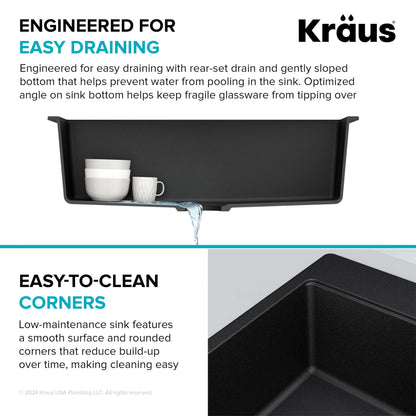 KRAUS Quarza 31-inch Drop-In/Undermount Single Bowl Granite Kitchen Sink in Black Onyx, KGD-412B