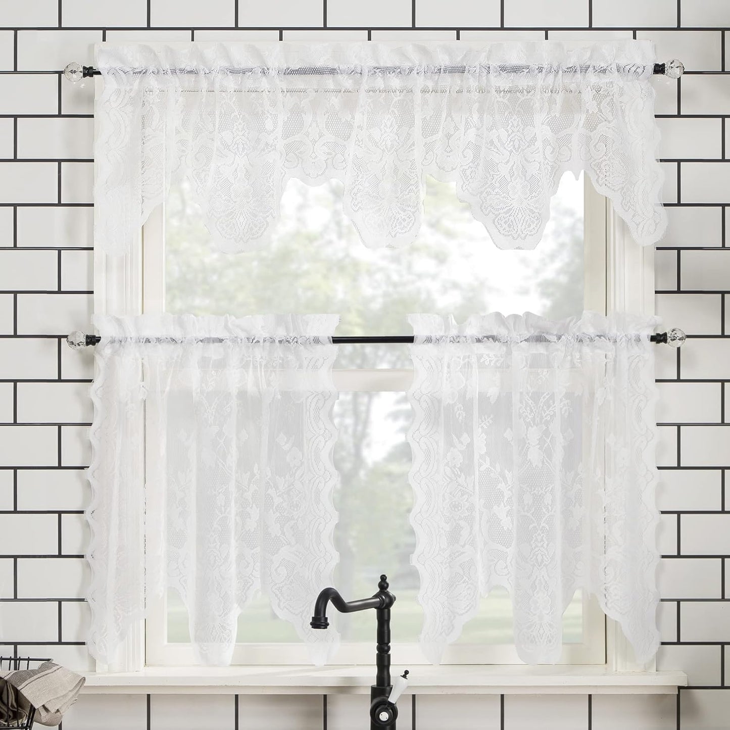 No. 918 Alison Floral Lace Sheer Rod Pocket Kitchen Curtain Tier Pair - 58" x 36", White