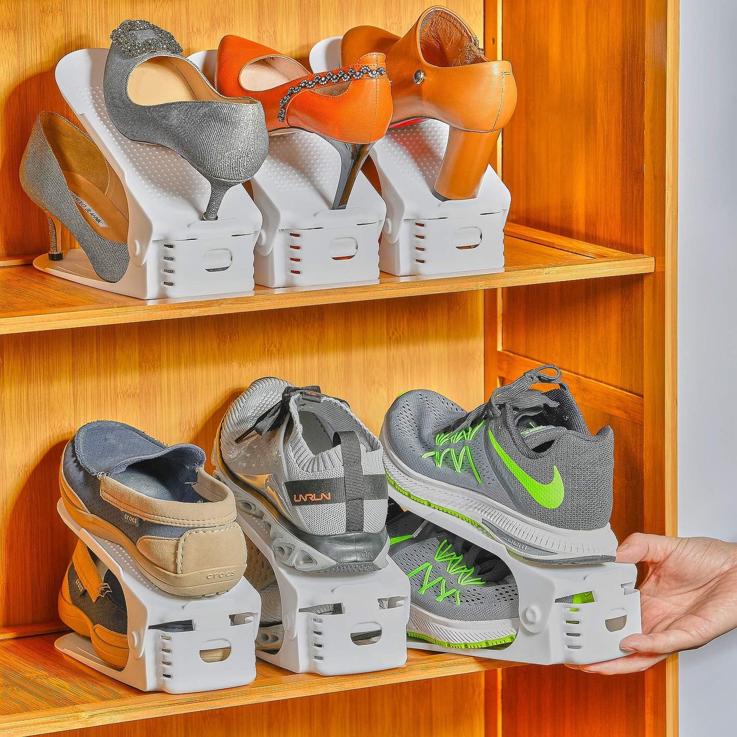 20PCS 50% Shoe Slots Organizer, Adjustable Double Layer Stack Shoe Rack, Space-Saving Storage Rack Holder, White