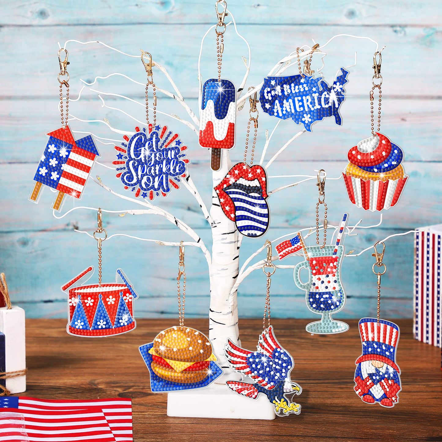 Ecally 15 Pcs Patriotic 4th of July Diamond Painting Keychains 5D DIY Art Ornaments for Independence Day Decor (Vivid)