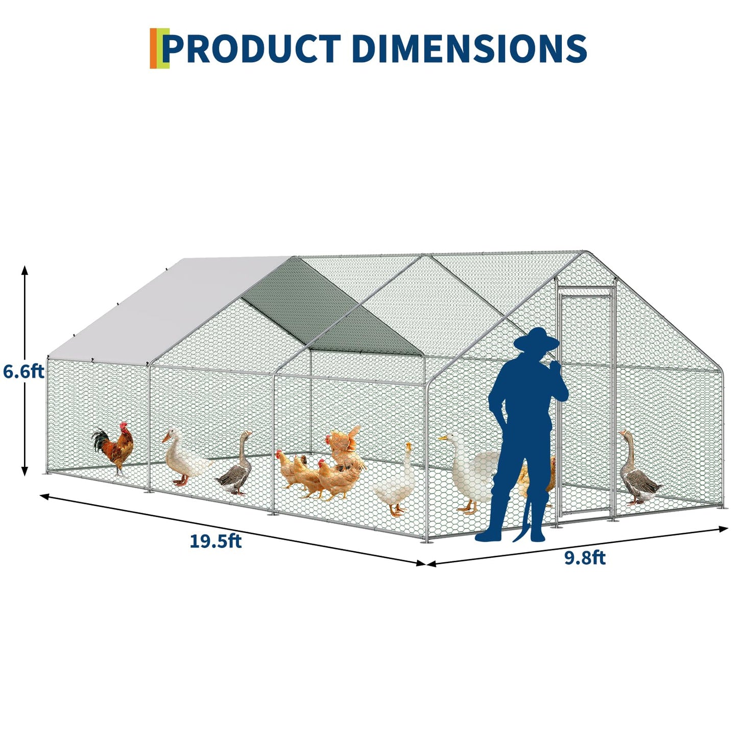 Large Metal Chicken Coop Walk-in Poultry Cage, Chicken Run with Waterproof Anti-UV Cover, Heavy Duty Galvanized Steel Hen House for Outdoor Yard Farm Duck Rabbit (9.8' L x 19.7' W x 6.6' H)