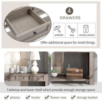 KTATK Solid Wood Console Sofa Table with 4 Drawers and Tabletop,Bottom Shelf for Entryway Hallway or Living Room,Space Saving,Easy to Assemble,Gray Wash,63" L×14" W×30" H
