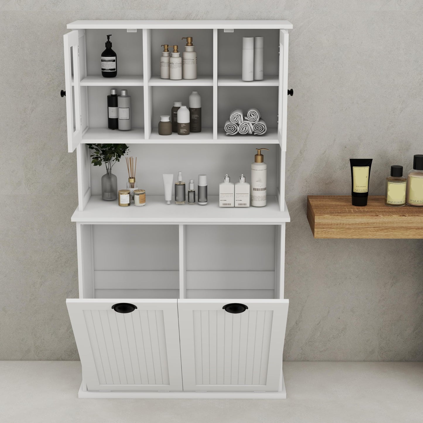 Amacv Two-Compartment Tilt-Out Dirty Laundry Basket Tall Bathroom Cabinet with 2 Adjustable Shelves-White