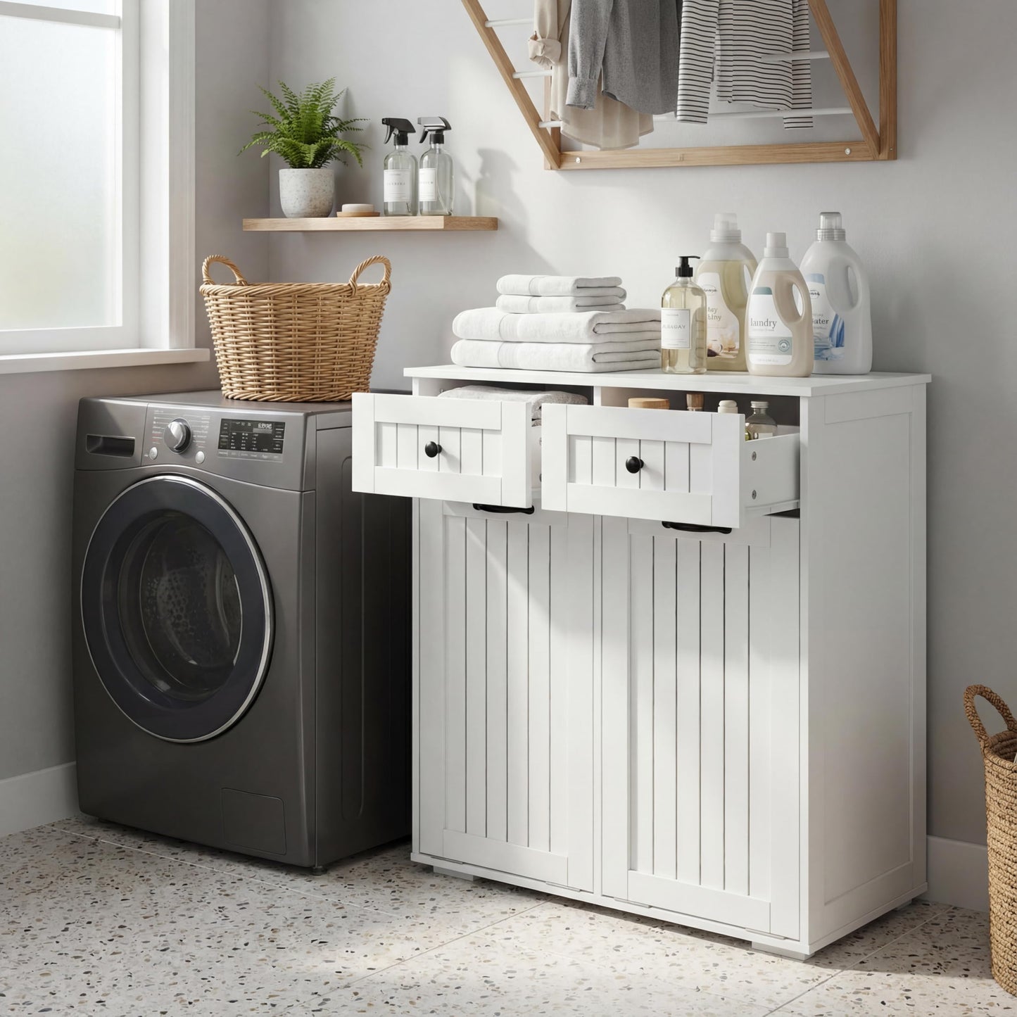 FEBORY White Laundry Cabinet with 2 Removable Hamper Baskets and 2 Drawers, Particle Board and MDF, 31.5 x 15.75 x 35.83 Inches
