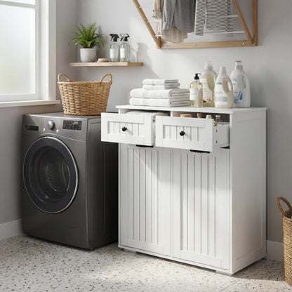 FEBORY White Laundry Cabinet with 2 Removable Hamper Baskets and 2 Drawers, Particle Board and MDF, 31.5 x 15.75 x 35.83 Inches