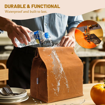 Waxed Canvas Lunch Bags Brown Paper Bag Styled - Classic Updated - Reusable and Washable, Worthbuy Lunch Box for Men & Women