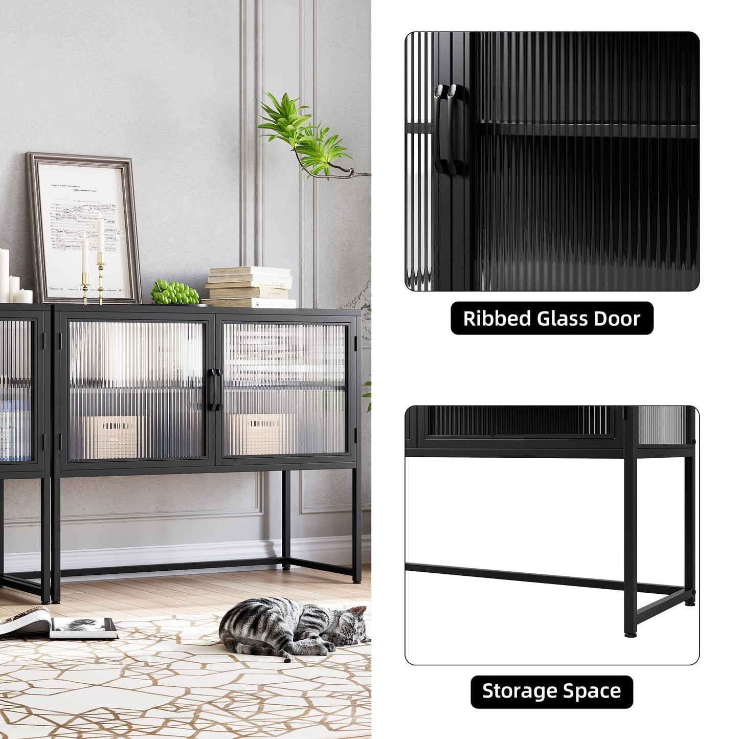 GAOMON Buffet Cabinet with Glass Doors, Sideboard with Adjustable Shelves, Freestanding Storage Cabinet for Kitchen, Living Room, Dining Room, Black