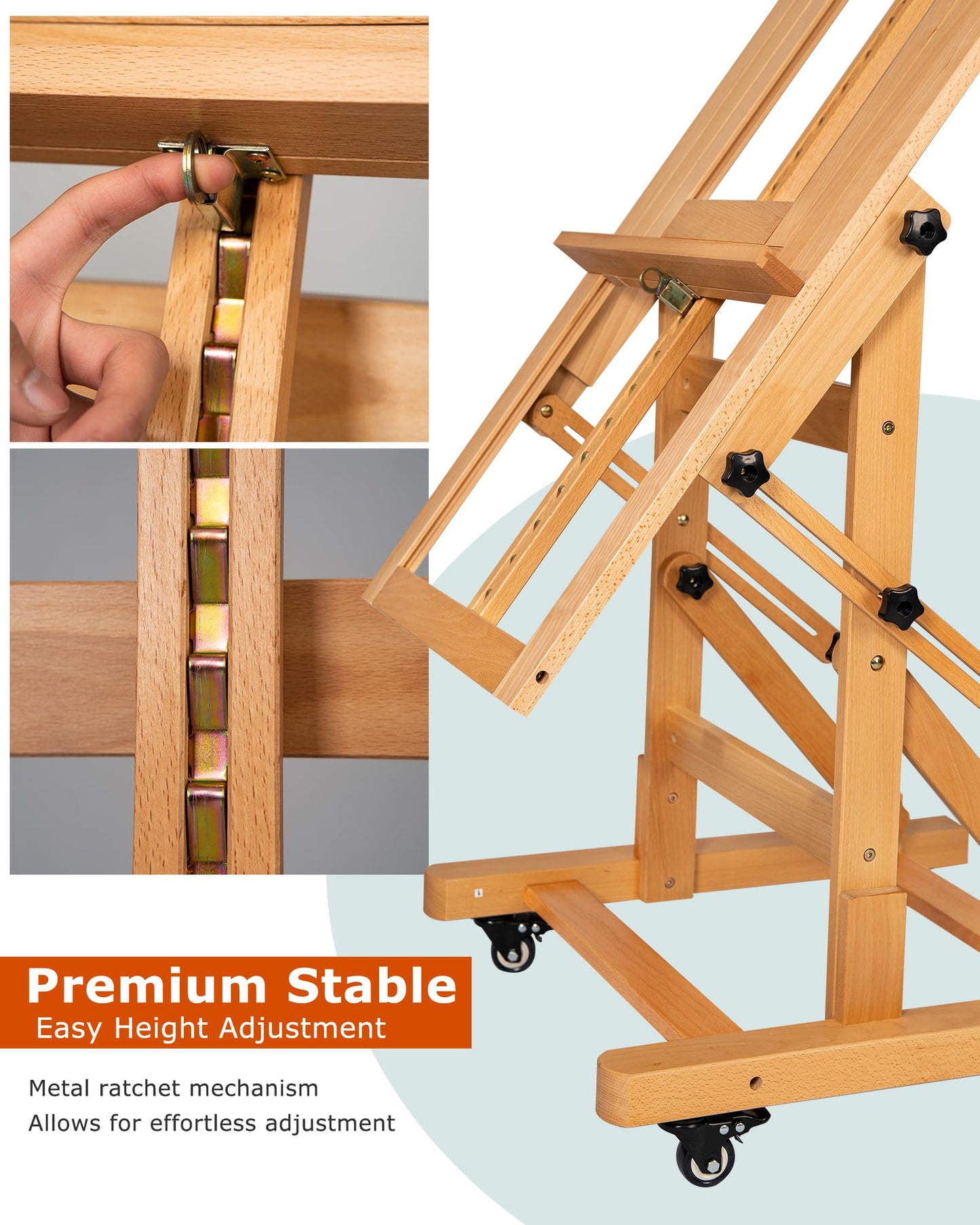 DJAR Extra Large H-Frame Art Easel, Movable Tilts Flat Painting Stand for Artist, Adjustable Solid Beechwood Heavy Duty Floor Easel for Painting, Hold 1 or 2 Canvas up to 79" Natural