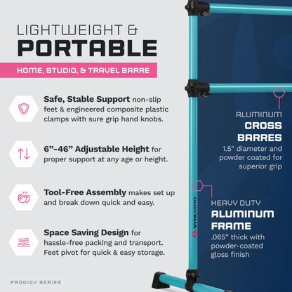 VITA Barre Portable Freestanding Double Ballet Barre, Prodigy, 8 Ft Bars, Teal | Adjustable Height, USA Made, Home or Gym Exercise Equipment for Kids & Adults | Dance, Fitness, Pilates