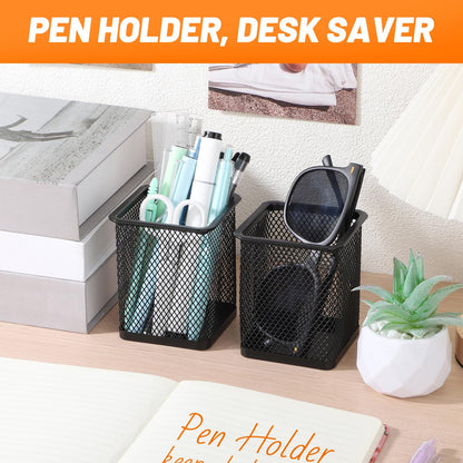 Segarty Square Pen Holder, 3 Pack Black Pen Holder for Desk, Metal Mesh Pencil Cup Container Desktop Accessories Organizer for Office, School, Home, Makeup Brush