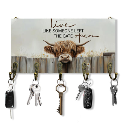 Beliran Highland Cow Decor Key Holder for Wall 10"x5.12", Highland Cow Gifts Key Hanger Wall Mount, Live Like Someone Left The Gate Open Rustic Farmhouse Wooden Hanging Keys Holder Decor for Entryway