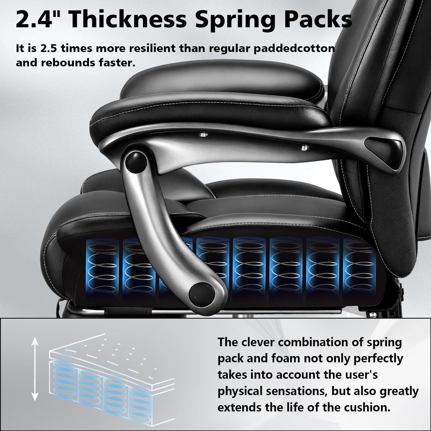 600lbs Big and Tall Office Chair for Heavy People,Heavy Duty Comfy Executive Office Desk Chair with Adjustable Lumbar Support,High Back Reclining PU Leather Computer Chair,Metal Base (Classic, Black)