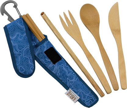 Premium Reusable Bamboo Utensil Travel Set, Eco-Conscious Blue Topo Includes Fork, Knife, Spoon, Chopsticks