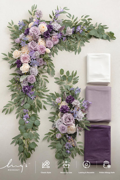 Ling's moment Wedding Arch Flowers with Sheer Drapes Kit - Artificial Purple and Gold Rose Floral Arrangements for Ceremony Backdrop, Arbor Decor, 5-Piece Set (2 Flower Stems + 3 Hanging Drapes)