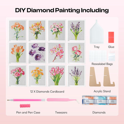 Caydo 12 Pack Flower Themed Diamond Painting Kits for Adults - Full Drill 5D DIY Paint Gem Art - A Relaxing Craft for Home Wall Decor(6x6inch)