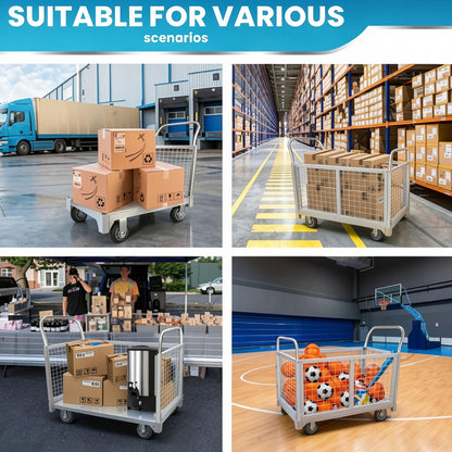 2600LBS Warehouse Cage Cart, Dual Height Handrail Rolling Cage Cart with Ergonomic Pull Handle, Heavy Duty Platform Truck Carts with Cage, Encrypted Mesh Anti-Dropping Guardrail Easy Assembly