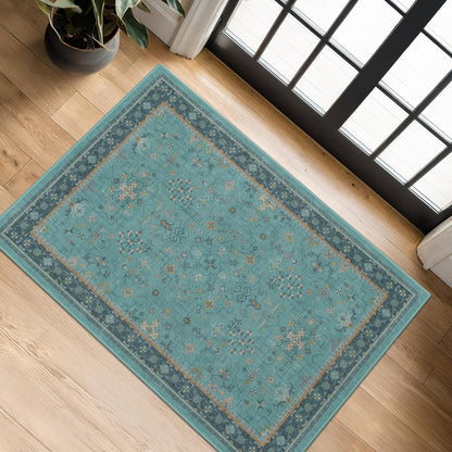 Skiennix Washable Teal Throw Rugs - Non-Slip Boho Floral Indoor Carpet for Entryway & Bathroom | Small Size, Stain & Fade Resistant