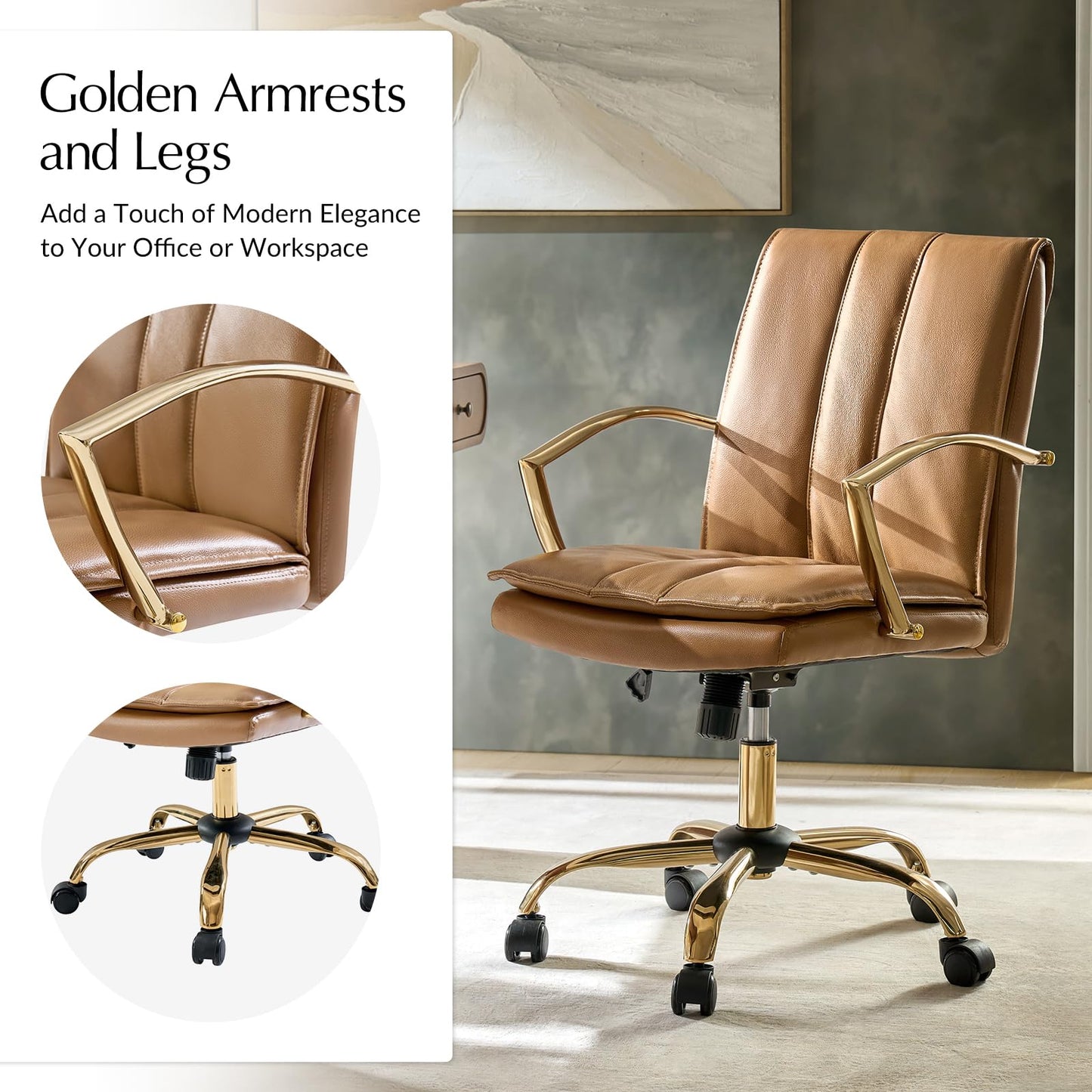 HULALA HOME Genuine Leather Home Office Chair with Rocking Tilt Function, Modern Swivel Executive Desk Chair with Golden Legs and Arms, Height Adjustable Upholstered Computer Task Chair, Camel