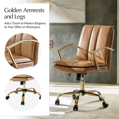 HULALA HOME Genuine Leather Home Office Chair with Rocking Tilt Function, Modern Swivel Executive Desk Chair with Golden Legs and Arms, Height Adjustable Upholstered Computer Task Chair, Camel
