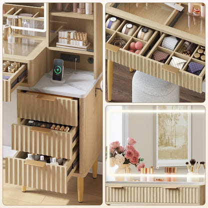GarveeHome Makeup Vanity Desk with Lights, Fluted Wooden Dressing Table with 5 Drawers and Adjustable Shelves, Makeup Vanity Table Modern Glass Top with Charging Station for Bedroom (Oak)