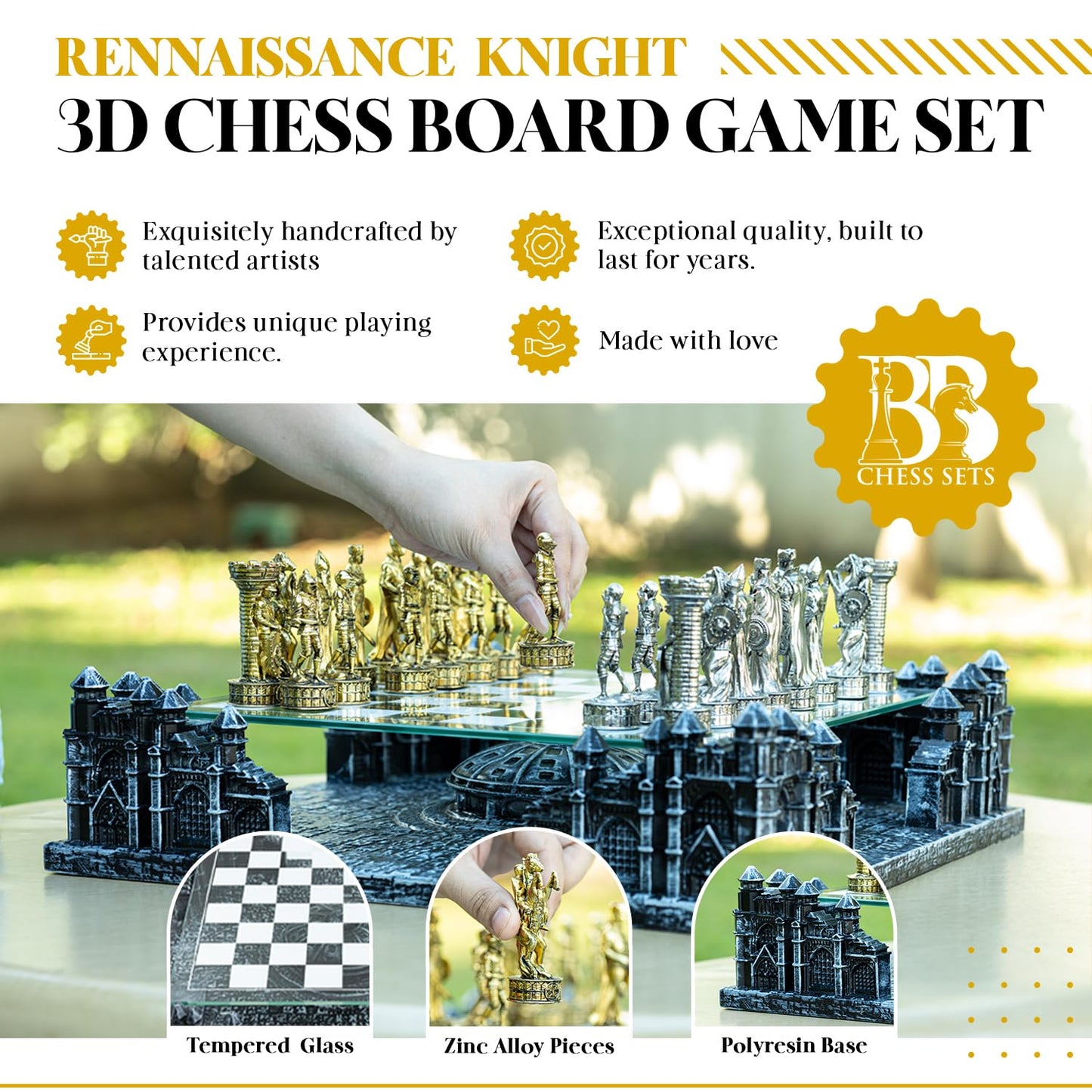 BB Chess Sets - Renaissance Knight 3D Chess Set – Unique Chess Board Set - Durable Gold and Silver Metal Pieces - Tempered Glass Board and Polyresin Base
