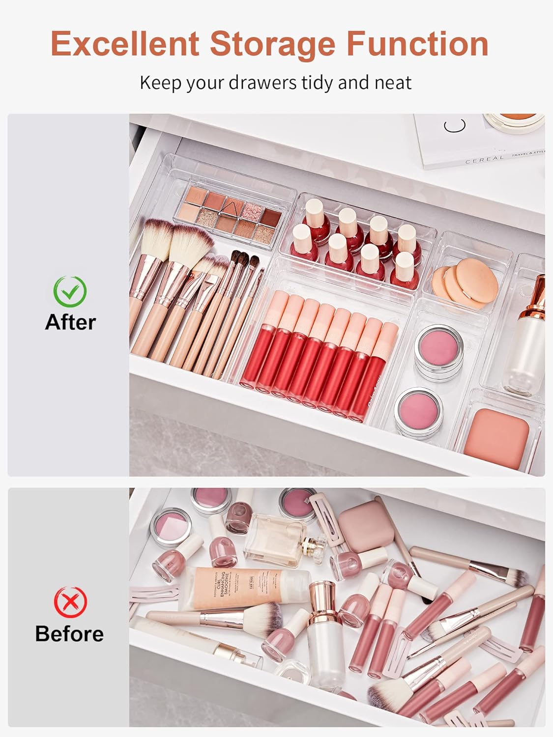 SMARTAKE 16-Piece Drawer Organizer with Non-Slip Silicone Pads, 5-Size Storage Tray for Makeup, Clear
