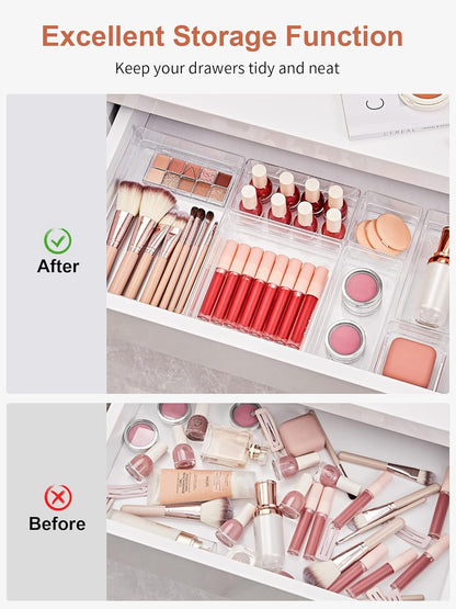 SMARTAKE 16-Piece Drawer Organizer with Non-Slip Silicone Pads, 5-Size Storage Tray for Makeup, Clear