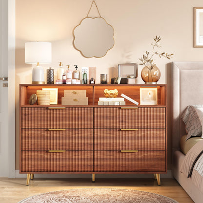 6 Drawers Dresser for Bedroom, 53.9" Wide Dressers with LED Lights and Charging Station, Curved Profile Design, Fluted Wood Drawers with Gold Handle, Modern Chest of Dressers for Living Room, Walnut
