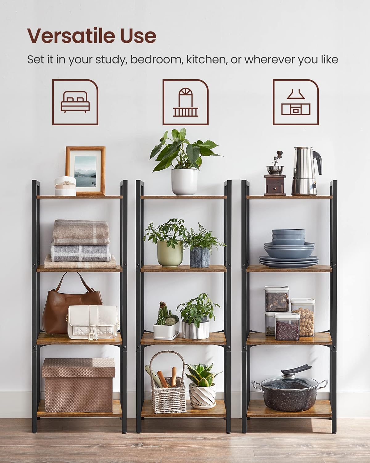VASAGLE 4-Tier Tall Bookshelf, Industrial Style Bookcase with Steel Frame for Living Room, Home Office, Rustic Brown