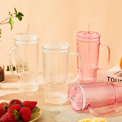 24oz 2 Pack GOSCHE Glass Cups with Lids and Straws, Clear Iced Coffee Cups with Handle, Glass Tumbler with Straw
