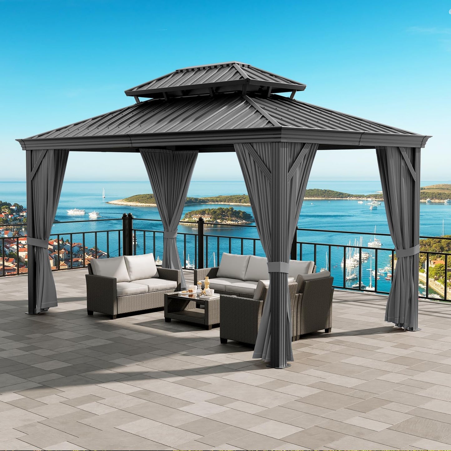 GAOMON Heavy Duty Aluminum Hardtop Gazebo with Double Metal Roof – Mosquito Netting & Privacy Curtains – Permanent Outdoor Pavilion for Patio, Garden, Deck, Backyard – Black Spray, Gray Cloth, 12x18FT