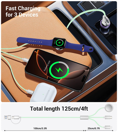 Temdan for Travel Vacation Essentials,3 in 2 USB C Cable for Apple Watch Charger/iPhone 17 Charger/Lightning,Multi Charging Cable Cord,Camping Essentials,Designed for iWatch &iPhone 16-12-5FT Purple