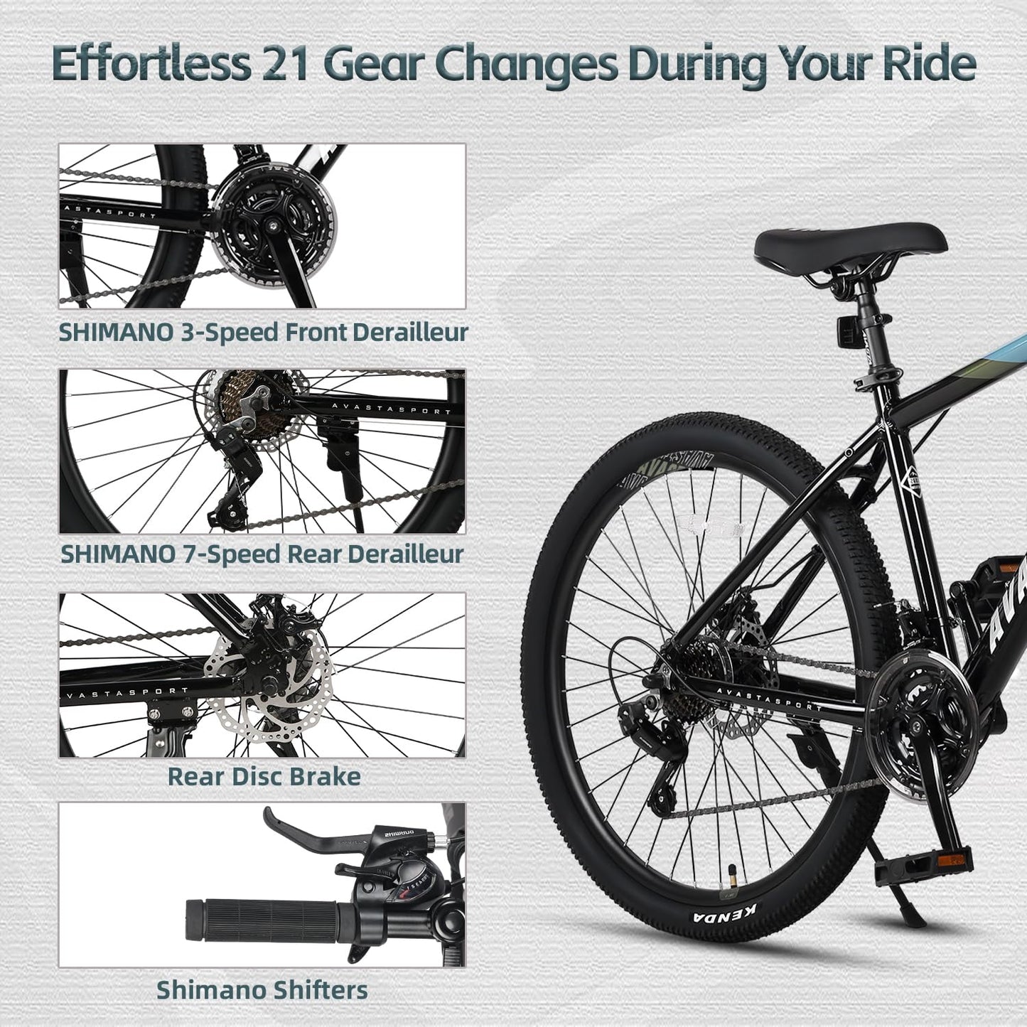 AVASTA 26-inch Mountain Bike for Man Male and Woman Female Adult with Lightweight Aluminum Alloy Frame and Dual Disc Brakes,Front Suspension,21-Speed Gear Shifters,Hidden Brake Cables,Blue