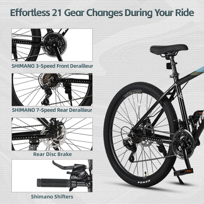 AVASTA 26-inch Mountain Bike for Man Male and Woman Female Adult with Lightweight Aluminum Alloy Frame and Dual Disc Brakes,Front Suspension,21-Speed Gear Shifters,Hidden Brake Cables,Blue