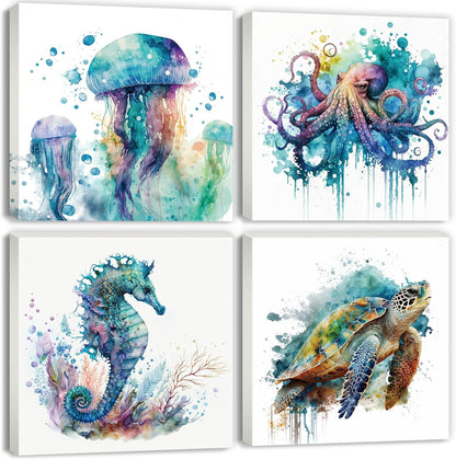 16x16" 4P Sea Turtle Bathroom Decor Ocean Animals Canvas Wall Art Nautical Theme Teal Octopus Pictures Nursery Kids
