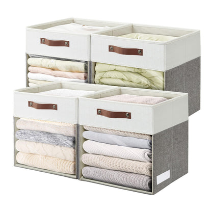 Bagnizer Storage Cubes, 4 Pack Linen Foldable Storage Bins (13 x 13 inch) with Clear Window and 2 Handles, Closet Organizers and Storage for Shelf Closet, Clothes, Books - (Gray and White)