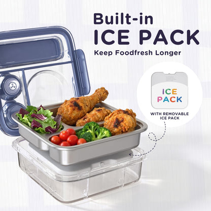 Fomazi Stainless Steel Bento Lunch Box for Kids Adults with 8oz Insulated Food Jar, Leak-proof, Dishwasher-Safe, Transparent Lid with Sauce Cup and Cutlery Storage for School & Travel,BPA-Free(Blue)