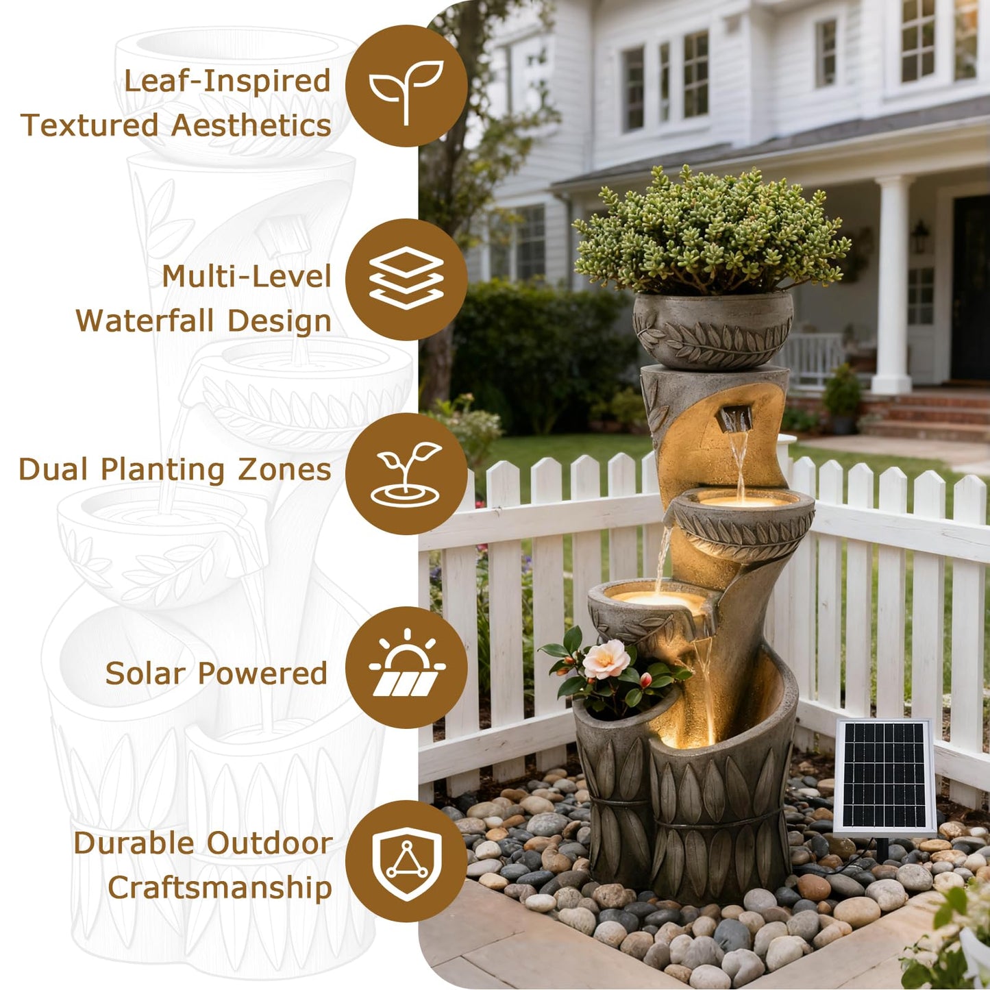 4 Tiered Solar Water Fountain Outdoor Garden, 35.6" Tall Cascading Bowl Leaf Carved Outdoor Waterfall Fountains Modern Water Feature with Dual Planters for Garden, Patio, Deck, Yard, Indoor Decor