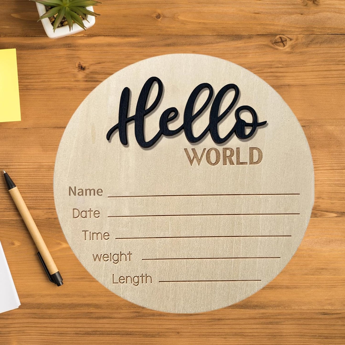 LZEDIRA 5.9 Inch Baby Announcement Sign, Wooden Hello World Newborn Sign Birth Announcement Signs, Hello World Nursery