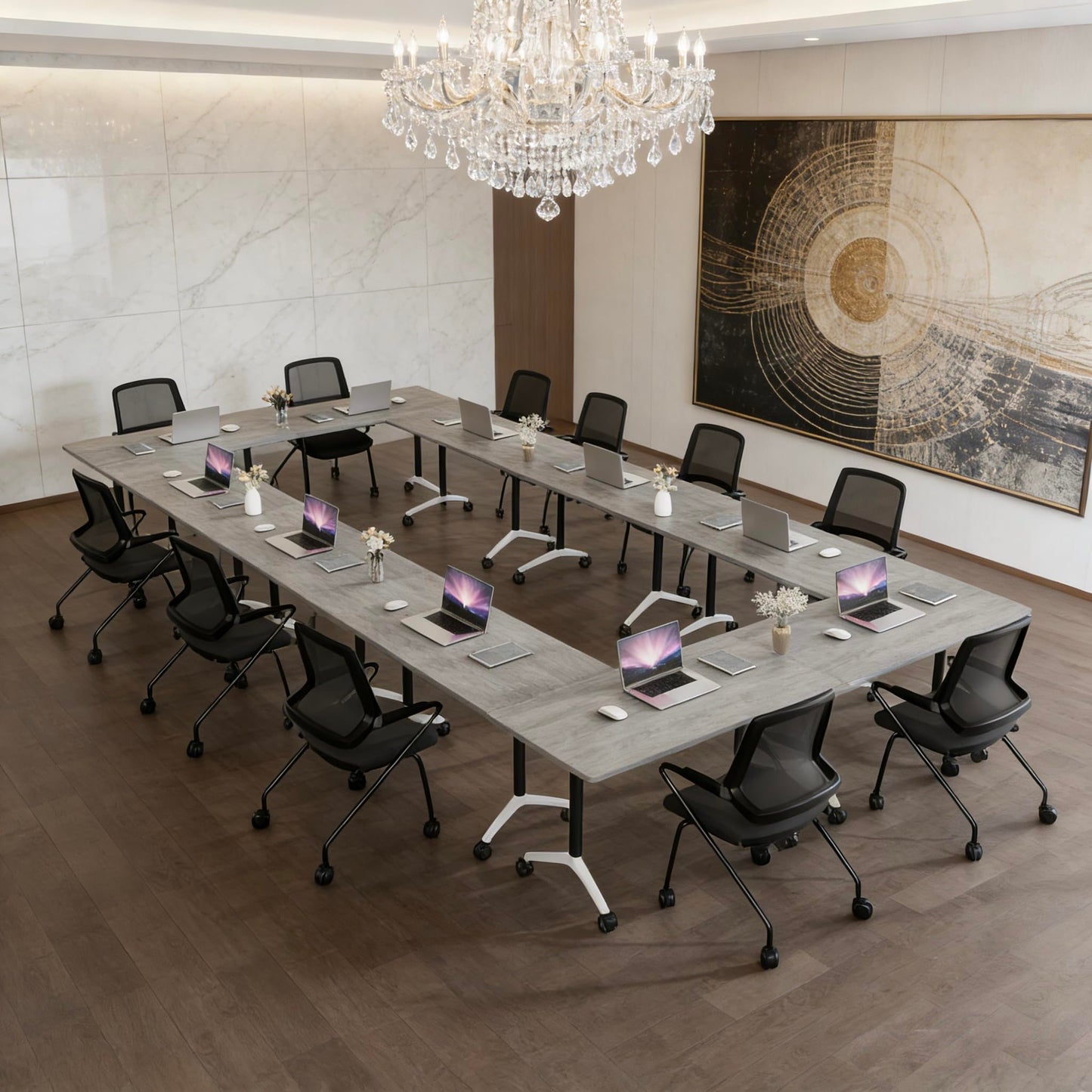 Folding Conference Table, Conference Room Tables with Wheels Foldable Large Rectangle Meeting Seminar Table for 6-12 People, Flip Top Mobile Training Table for Office Classr (4, Gray, 55.1in)
